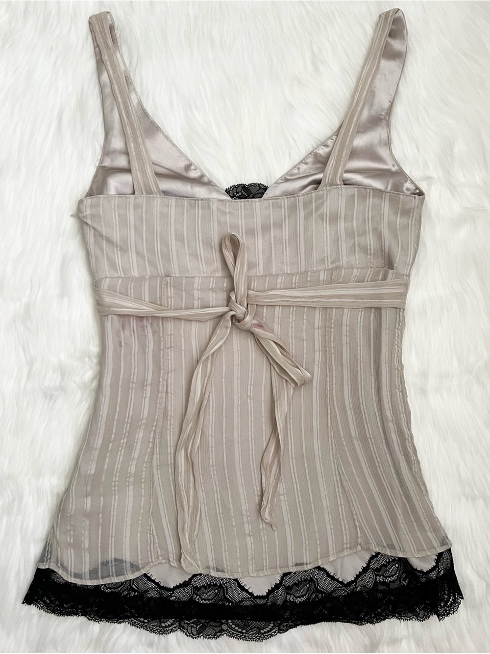 White House Black Market Y2K Silk Blend Mesh Cream Tank Top With Black Lace Trim - Picture 6 of 8